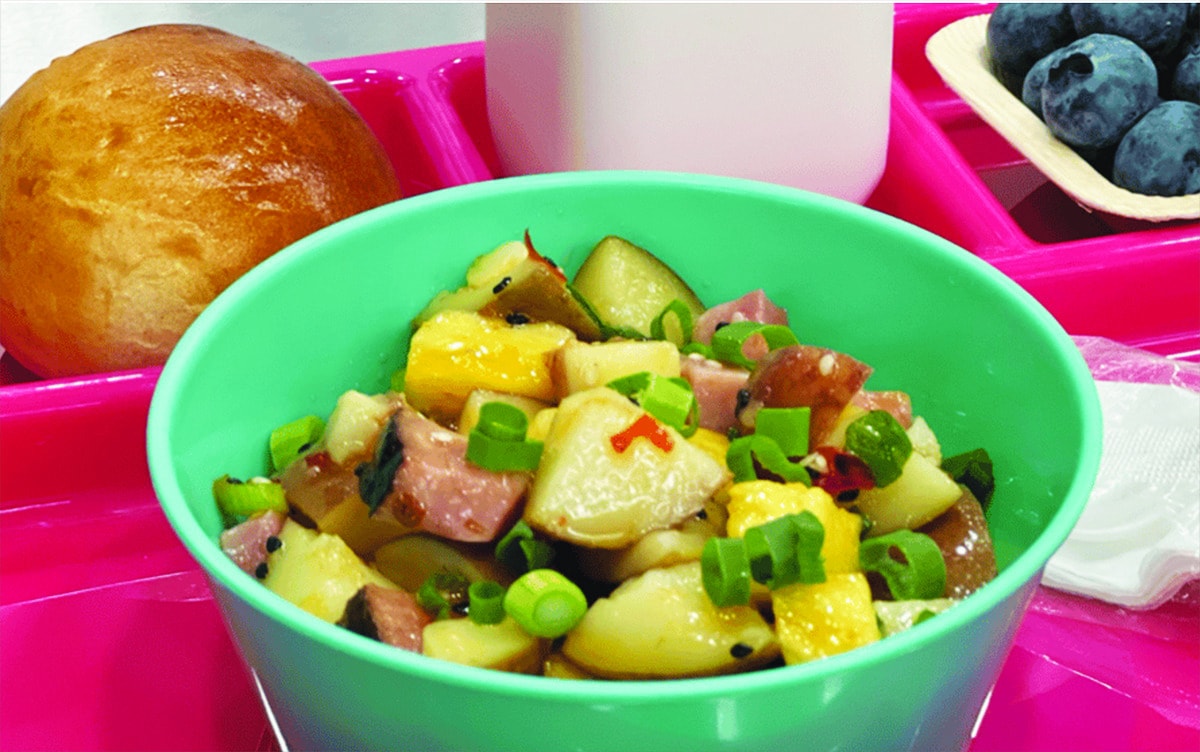 Hawaiian Potato Salad with diced potatoes, pineapple, ham and green onions