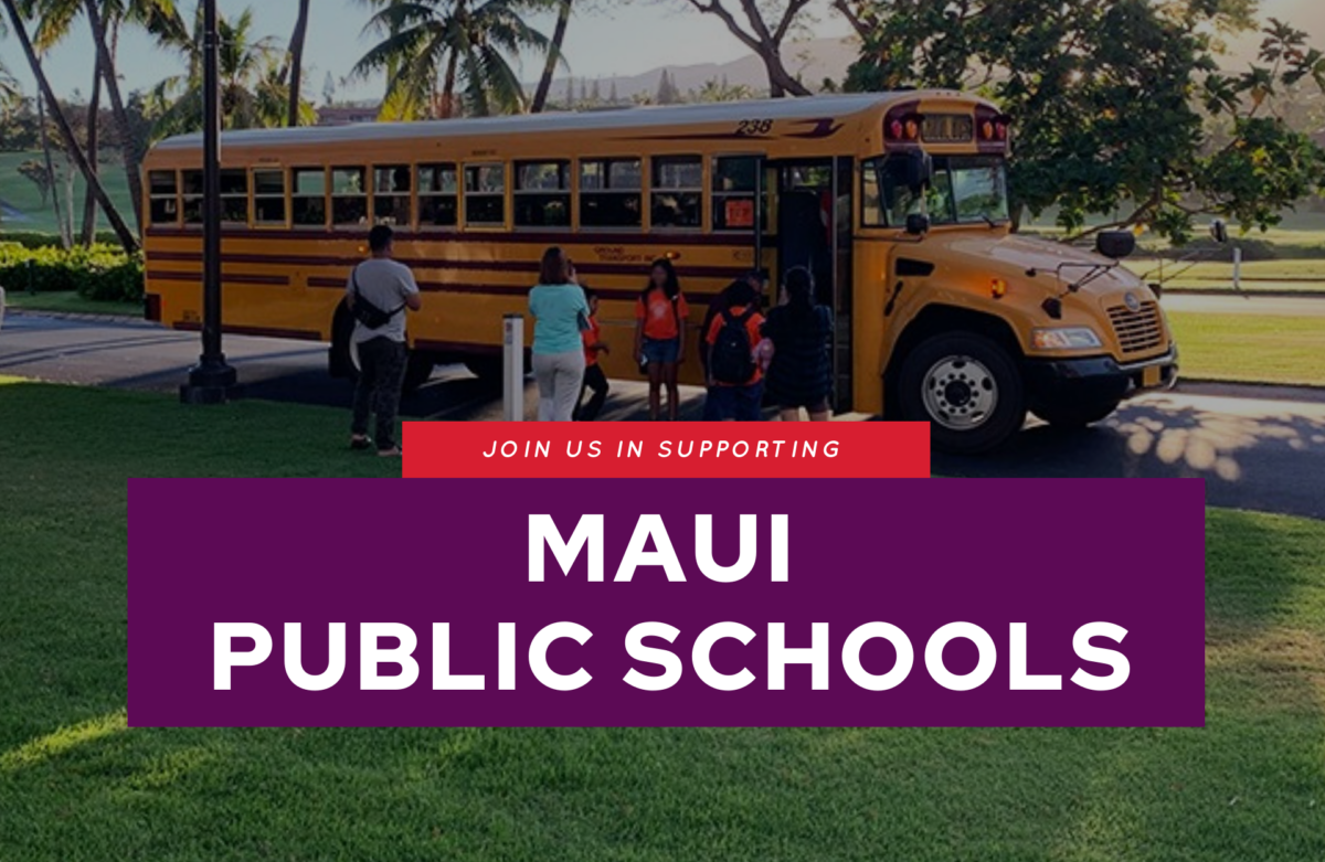 school bus in hawaii with text "Join us in supporting Maui Public Schools"