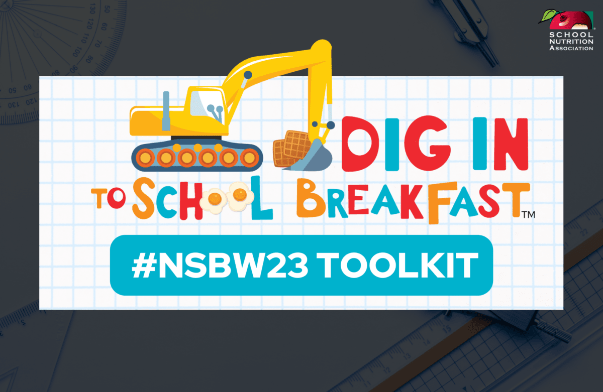 A cartoon crane on a white background with the text "Dig In to School Breakfast #NSBW23 Toolkit"