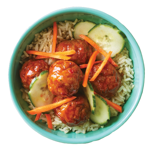 Poke Ball Bowl with meatballs, carrots, cucumber and rice